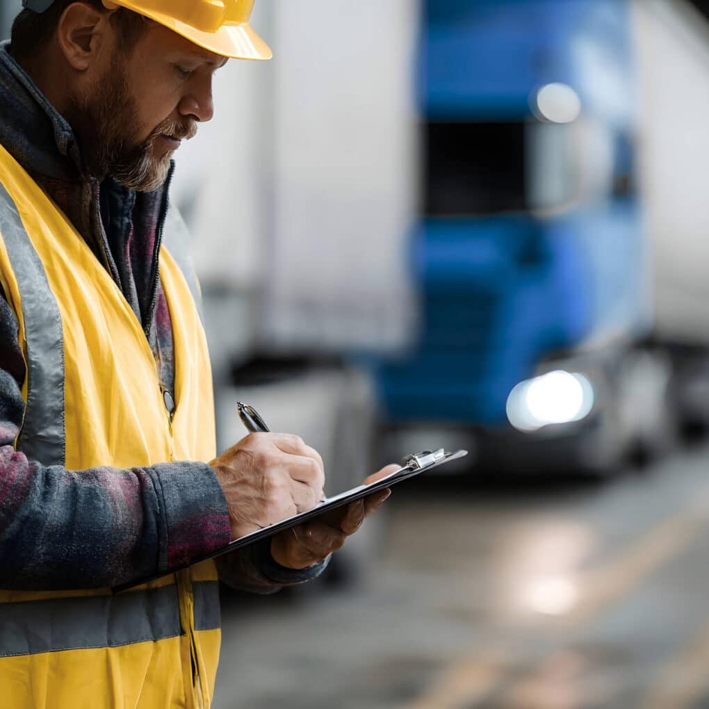Logistics worker performing a safety inspection and completing a transportation checklist near commercial trucks — Safety Council